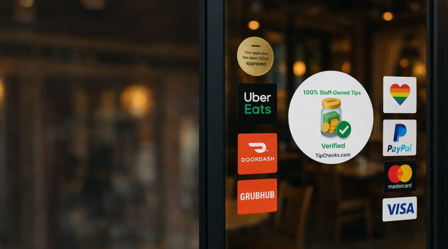 TipChecks verified badge displayed on a storefront window